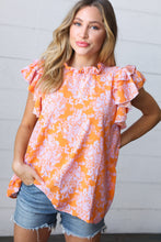 Load image into Gallery viewer, Tangerine &amp; Lilac Paisley Mock Neck Flutter Sleeve Top