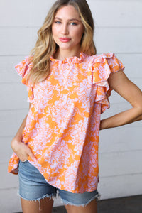 Tangerine & Lilac Paisley Mock Neck Flutter Sleeve Top