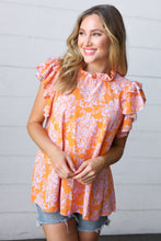 Load image into Gallery viewer, Tangerine &amp; Lilac Paisley Mock Neck Flutter Sleeve Top