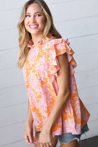 Tangerine & Lilac Paisley Mock Neck Flutter Sleeve Top