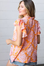 Load image into Gallery viewer, Tangerine &amp; Lilac Paisley Mock Neck Flutter Sleeve Top