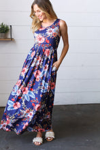 Load image into Gallery viewer, Navy Floral Fit and Flare Sleeveless Maxi Dress