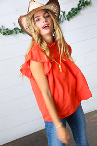 Red-Orange Mock Neck Flutter Sleeve Top