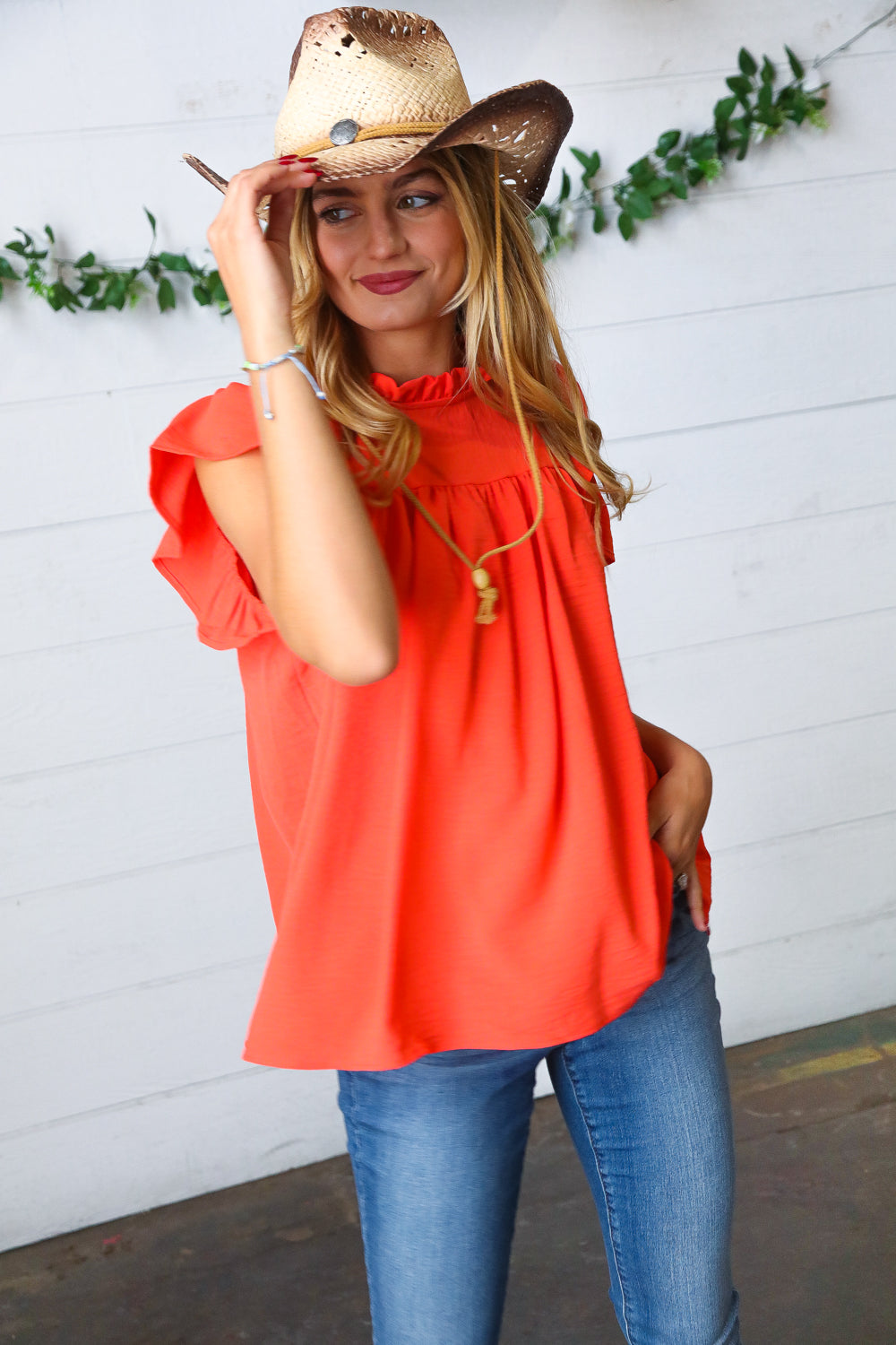 Red-Orange Mock Neck Flutter Sleeve Top