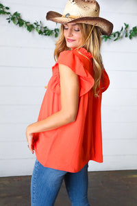 Red-Orange Mock Neck Flutter Sleeve Top