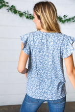 Load image into Gallery viewer, Denim Blue Ditzy Floral Flutter Sleeve Top