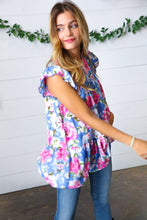 Load image into Gallery viewer, Cornflower Blue Floral Yoke Flutter Sleeve Keyhole Back Top