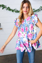 Load image into Gallery viewer, Cornflower Blue Floral Yoke Flutter Sleeve Keyhole Back Top