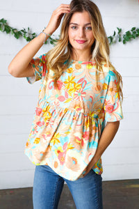 Peach & Aqua Floral Babydoll Top