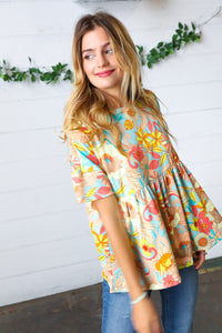 Peach & Aqua Floral Babydoll Top