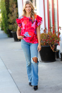 Red & Fuchsia Floral Smocked Ruffle Sleeve Top