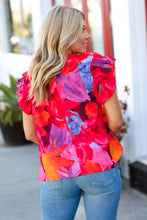 Load image into Gallery viewer, Red &amp; Fuchsia Floral Smocked Ruffle Sleeve Top