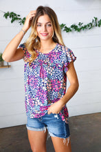 Load image into Gallery viewer, Navy Floral Print Frilled Short Sleeve Yoke Top