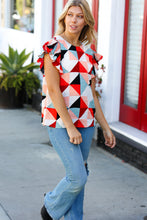 Load image into Gallery viewer, Ivory &amp; Burnt Orange Geo Print Smocked Ruffle Frill Sleeve Top