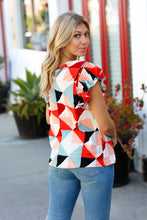 Load image into Gallery viewer, Ivory &amp; Burnt Orange Geo Print Smocked Ruffle Frill Sleeve Top