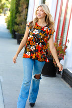 Load image into Gallery viewer, Burnt Orange Flat Floral Print Ruffle Sleeve Babydoll Top