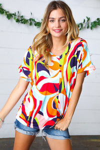Orange Geometric V Neck Drop Shoulder Top