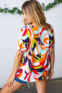 Orange Geometric V Neck Drop Shoulder Top