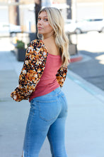 Load image into Gallery viewer, Marsala Rib Floral Bubble Sleeve Slim Fit Top