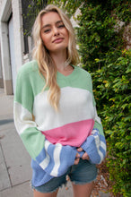 Load image into Gallery viewer, Mint V Neck Color Block Slouchy Knit Sweater