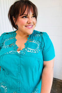 Teal Cotton Embroidered Button Down Cotton Top