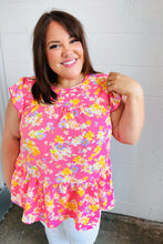 Load image into Gallery viewer, Pink Floral Yoke Flutter Sleeve Keyhole Back Top