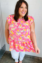 Load image into Gallery viewer, Pink Floral Yoke Flutter Sleeve Keyhole Back Top