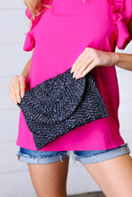 Load image into Gallery viewer, Black Woven Raffia Flap Closure Clutch Bag