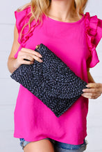 Load image into Gallery viewer, Black Woven Raffia Flap Closure Clutch Bag