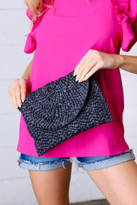 Black Woven Raffia Flap Closure Clutch Bag