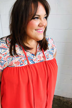 Load image into Gallery viewer, Red Boho Print Tie Neck Dolman Top