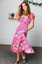 Load image into Gallery viewer, Fuchsia &amp; Yellow Floral Elastic Waist Ruffle Midi Dress