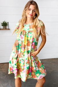 Kelly Green Floral Yoke Woven Gauze Dress