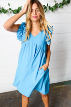 Load image into Gallery viewer, Sky Blue Babydoll Ruffle V Neck Crepe Dress