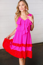 Load image into Gallery viewer, Fuchsia Ruffle V Neck Crepe Tiered Midi Dress