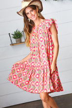 Load image into Gallery viewer, Coral Geo Boho Print Yoke Poplin Woven Dress