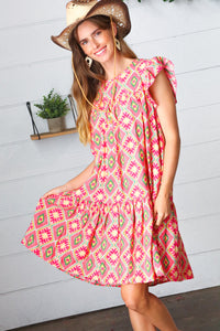 Coral Geo Boho Print Yoke Poplin Woven Dress