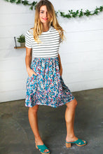 Load image into Gallery viewer, Dark Teal Two-Fer Stripe &amp; Floral Color Block Dress
