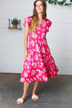 Load image into Gallery viewer, Fuchsia Floral Elastic Waist Fit and Flare Ruffle Midi Dress