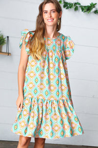 Mint Geo Boho Print Yoke Poplin Woven Dress