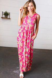 Yellow & Fuchsia Floral Fit and Flare Sleeveless Maxi Dress