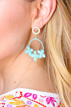 Load image into Gallery viewer, Teal Metal Flower Rhinestone Hoop Earrings