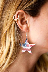 Patriotic Wooden Star Flag Dangle Earrings