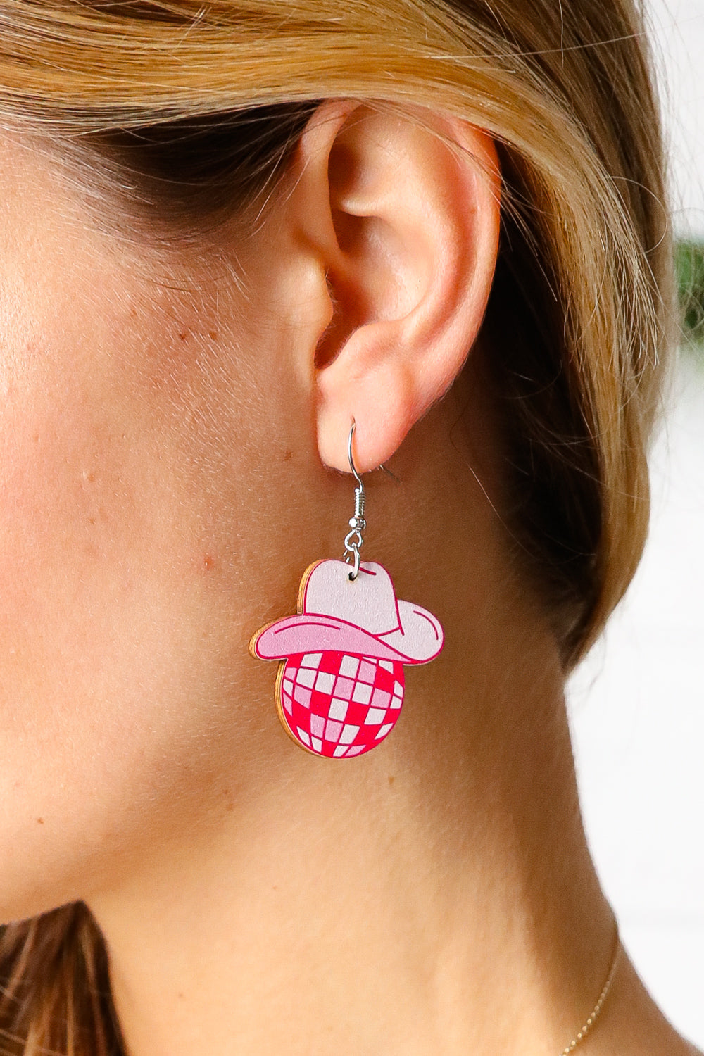 Pink Disco Cowgirl Hat Wooden Earrings