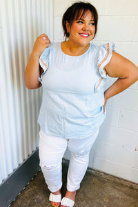 Chambray Embroidered Flutter Sleeve Top
