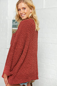 Rust Loose Fit Popcorn Sweater with Pocket
