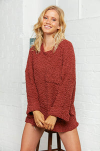 Rust Loose Fit Popcorn Sweater with Pocket