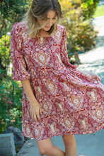 Load image into Gallery viewer, Cranberry Paisley Woven Bubble Sleeve Midi Dress
