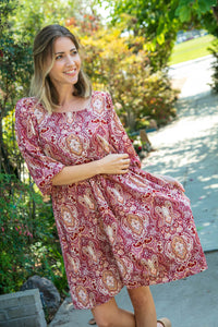 Cranberry Paisley Woven Bubble Sleeve Midi Dress