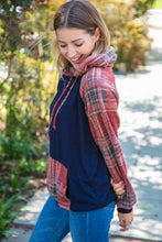 Load image into Gallery viewer, Navy Cashmere Feel Plaid Raglan Hoodie